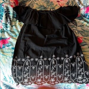 Black Off-Shoulder Dress with White Embroidery